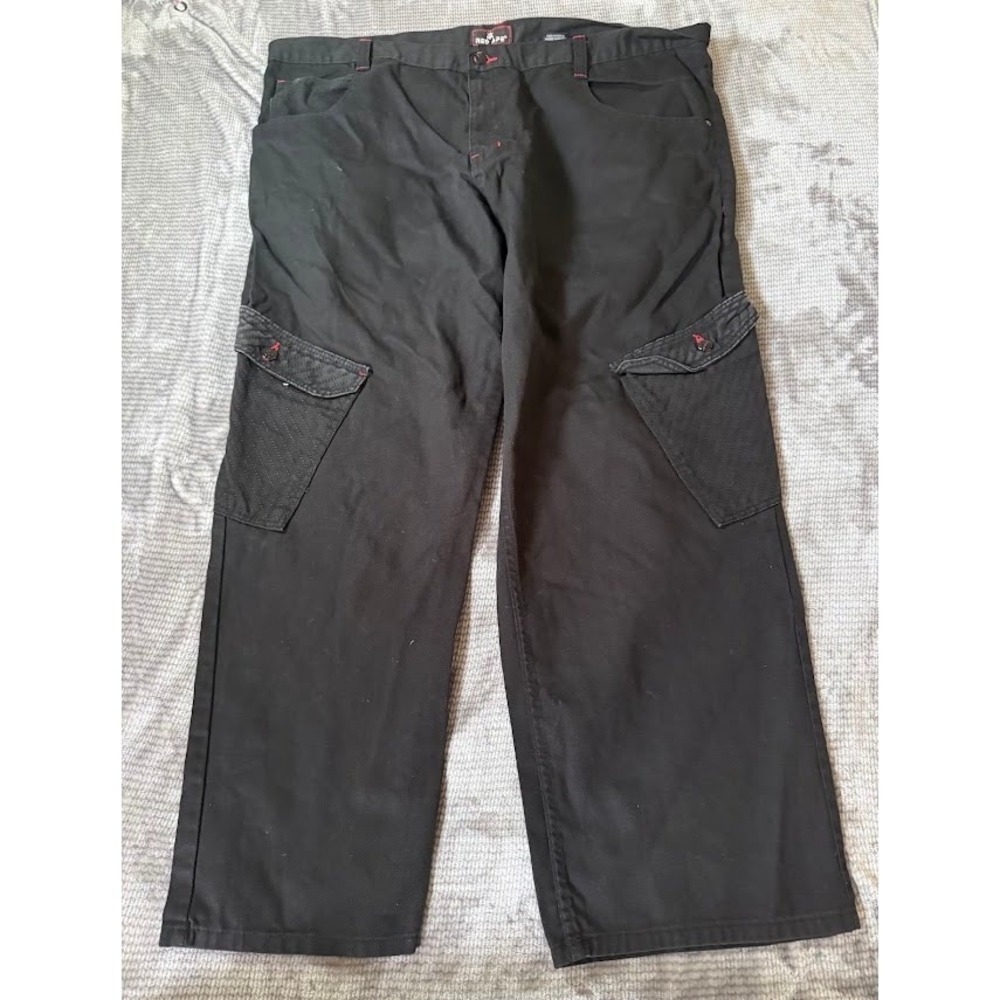 Red Ape Mens Cargo Pants Black Cotton Wide Leg Red Stitching Utility Size 48x32